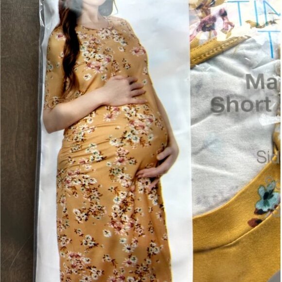 NEW Time And Tru Maternity Ruched Side Yellow Floral Dress - Picture 2 of 5